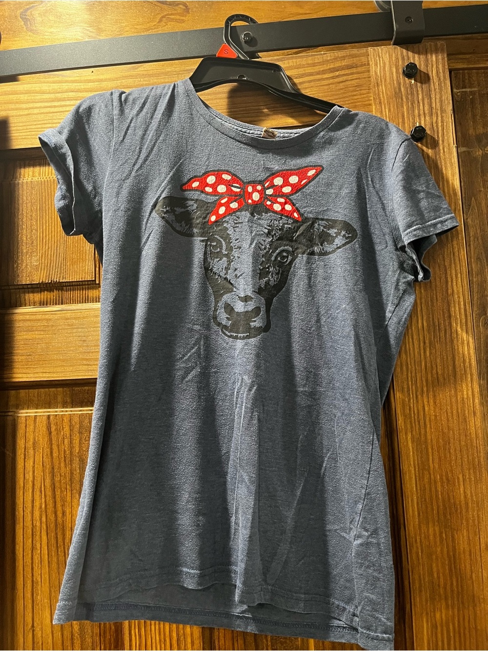 Girls Navy Graphic Cow Tee with Red Polka Dot Bow